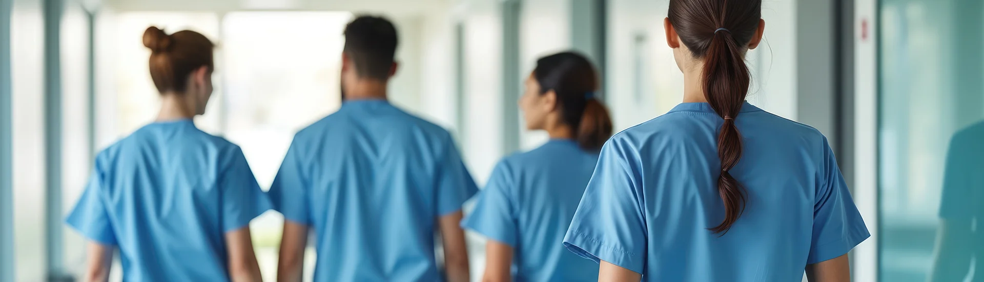 a close up of five nurses walking with their backs to us